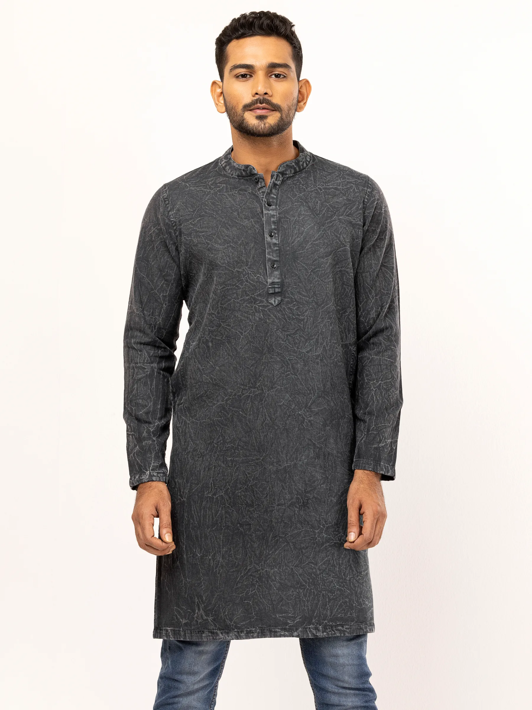 Black Textured Cotton Panjabi
